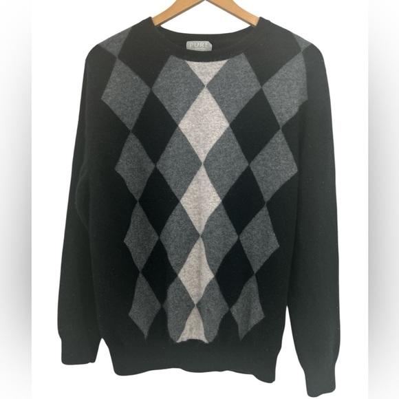 Pure Collection Cashmere Argyle Crew Neck Sweater in Black and Gray - Large - Picture 1 of 9